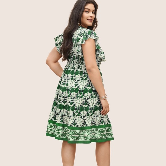 BloomChic Plus Size 3XL Boho Print Ruffles Shirred Pocket Elastic Waist Dress - Picture 2 of 8